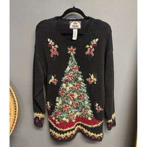Vintage Tiara Intl Christmas Sweater Womens M Embroidered Tree 90s Holiday